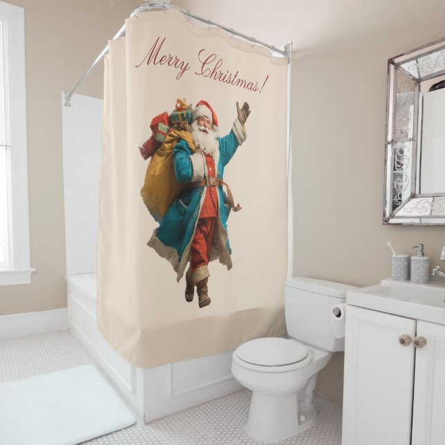 Vintage Santa Personalised Christmas Design Shower Curtain (In Situ)