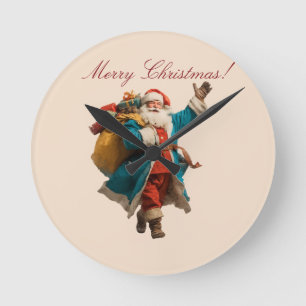 Vintage Santa Personalized Christmas Design Round Clock