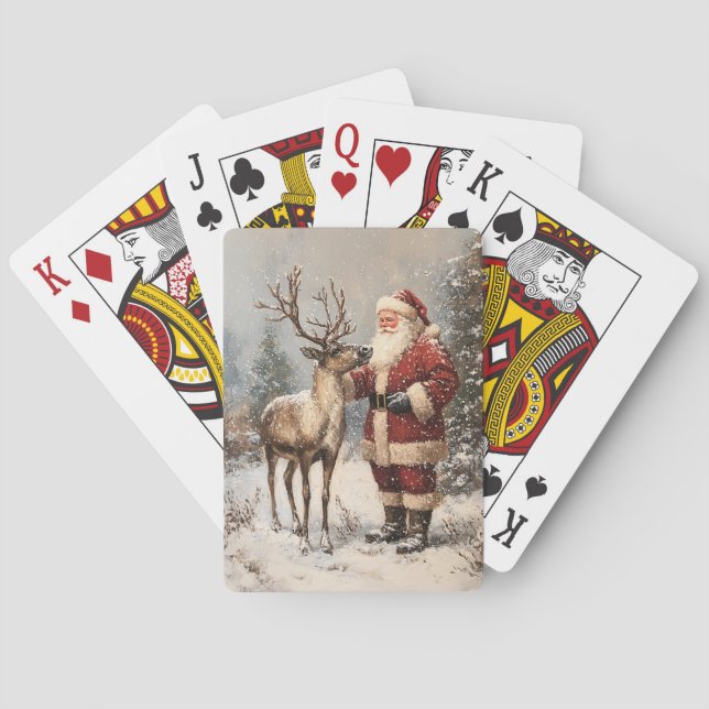 Vintage Santa Petting A Reindeer Painting Playing Cards (Back)
