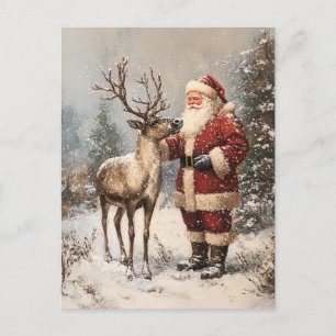 Vintage Santa Petting A Reindeer Painting Postcard