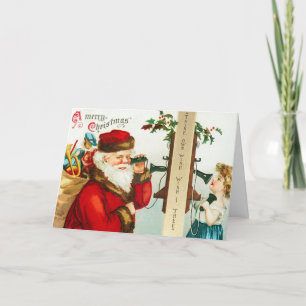 Vintage Santa Phones Little Girl Christmas Card