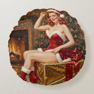 Vintage Santa Pin-up Art Round Cushion