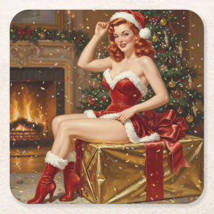 Vintage Santa Pin-up Art Square Paper Coaster