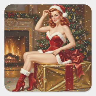 Vintage Santa Pin-up Art Square Sticker
