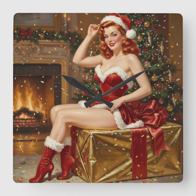 Vintage Santa Pin-up Art Square Wall Clock (Front)