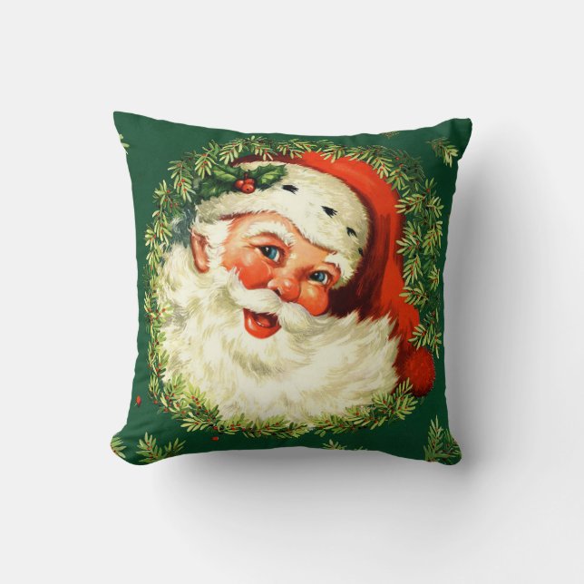 Vintage Santa, pine wreath, holly Christmas Cushion (Front)
