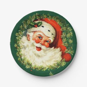 Vintage Santa, pine wreath, holly Christmas Paper Plate
