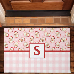 Vintage Santa Pink Gingham Monogrammed Christmas Doormat