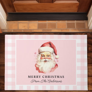 Vintage Santa Pink Gingham Personalised Christmas Doormat