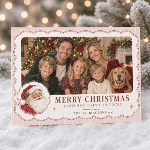 Vintage Santa Pink Stripe Family Photo Holiday Card