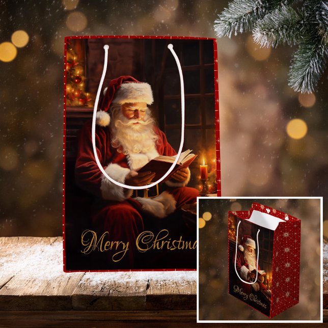 Vintage Santa Reading a Book Medium Gift Bag (Creator Uploaded)