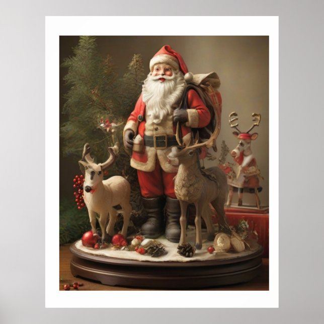 Vintage Santa & Reindeer: Classic Holiday Charm Poster (Front)