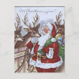 Vintage Santa reindeer Holiday postcard