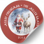 Vintage Santa Reindeer Personalised Classic Round Sticker<br><div class="desc">This Christmas-themed ornament features vintage Santa with reindeer and customisable text is a perfect ornament for any Christmas tree.
You can easily change your family name and the year to make this ornament uniquely your.</div>