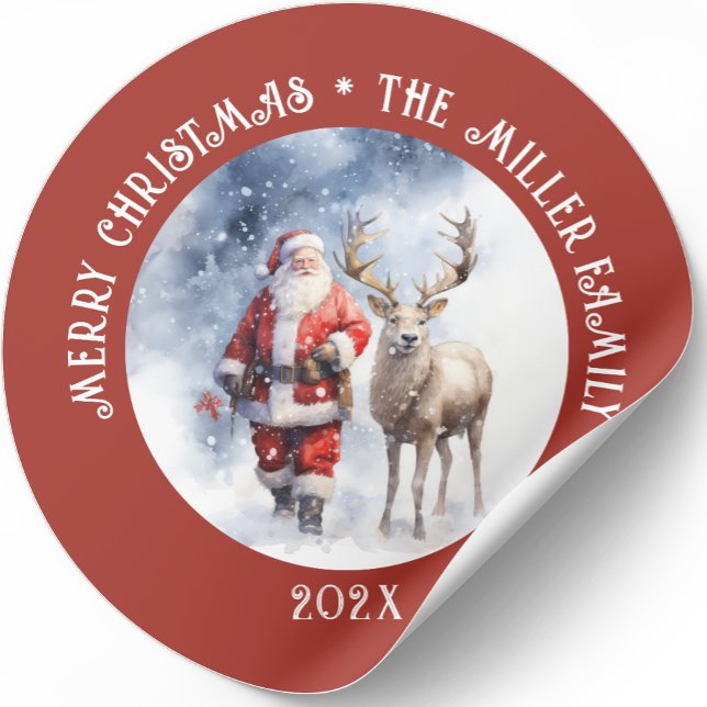 Vintage Santa Reindeer Personalised Classic Round Sticker (Creator Uploaded)