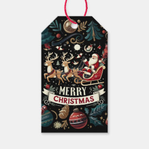 Vintage Santa & Reindeer Starry Night Christmas Gift Tags