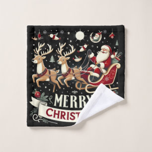 Vintage Santa & Reindeer Starry Night Christmas Wash Cloth