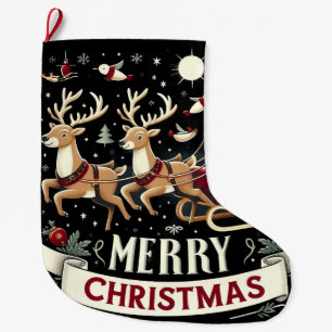 Vintage Santa & Reindeer Starry Night Large Christmas Stocking