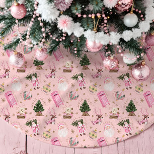 Vintage Santa Retro Pink Christmas Custom Monogram Brushed Polyester Tree Skirt