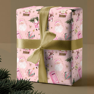 Vintage Santa Retro Pink Christmas Custom Monogram Wrapping Paper