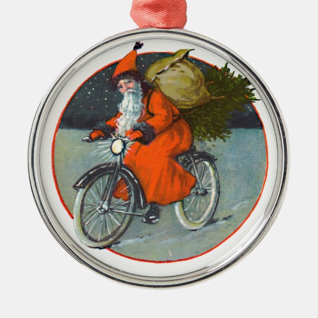 Vintage santa riding an old bicycle ornament (Front)