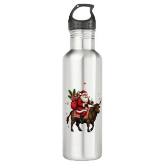 Vintage Santa Riding Highland Cow Christmas Vector 710 Ml Water Bottle