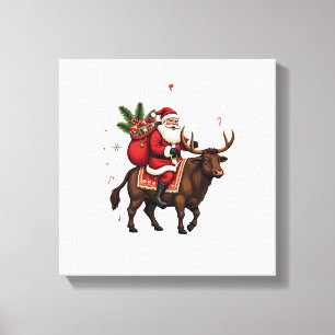 Vintage Santa Riding Highland Cow Christmas Vector Canvas Print