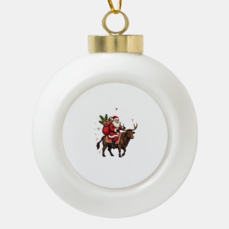 Vintage Santa Riding Highland Cow Christmas Vector Ceramic Ball Christmas Ornament