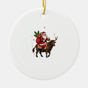 Vintage Santa Riding Highland Cow Christmas Vector Ceramic Tree Decoration