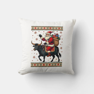 Vintage Santa Riding Highland Cow Christmas Vector Cushion