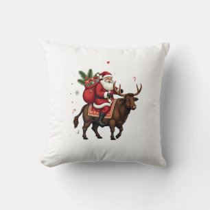 Vintage Santa Riding Highland Cow Christmas Vector Cushion