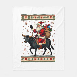 Vintage Santa Riding Highland Cow Christmas Vector Fleece Blanket