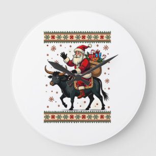 Vintage Santa Riding Highland Cow Christmas Vector Large Clock