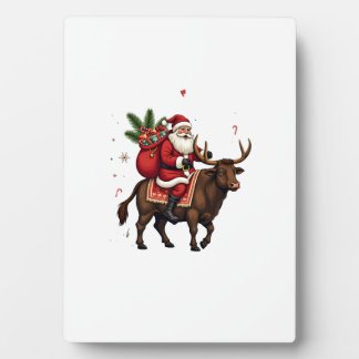 Vintage Santa Riding Highland Cow Christmas Vector Plaque