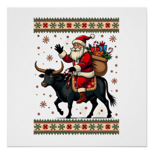Vintage Santa Riding Highland Cow Christmas Vector Poster