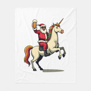 Vintage Santa Riding Unicorn Beer Christmas Funny Fleece Blanket