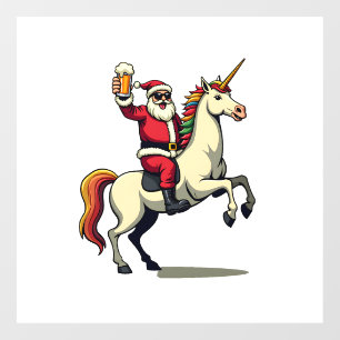 Vintage Santa Riding Unicorn Beer Christmas Funny Window Cling