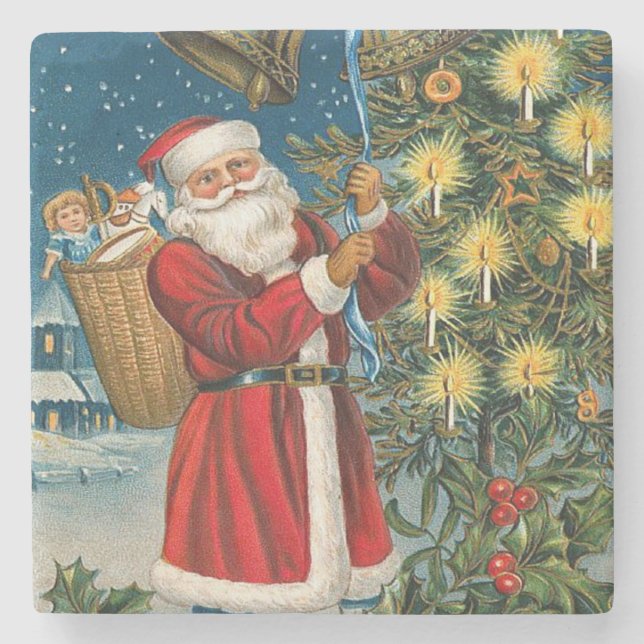 Vintage Santa Rings in Christmas Stone Coaster (Front)