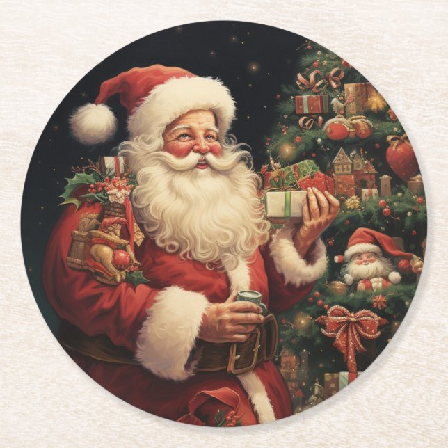 Vintage Santa Round Paper Coaster (Front)