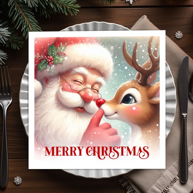 Vintage Santa Rudolph Holiday Christmas Dinner  Napkin (Vintage Santa Rudolph Holiday Christmas Dinner Napkins)