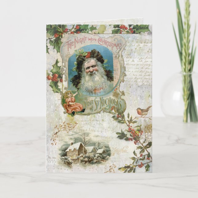 Vintage Santa, Rustic Landscape & Music Collage Holiday Card (Front)