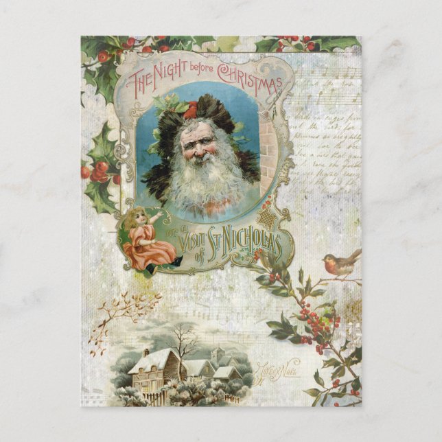 Vintage Santa, Rustic Landscape & Music Collage Holiday Postcard (Front)