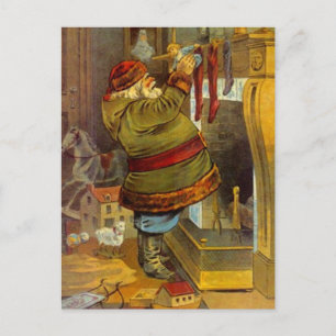 Vintage Santa rustic woodland stuffing stockings Holiday Postcard