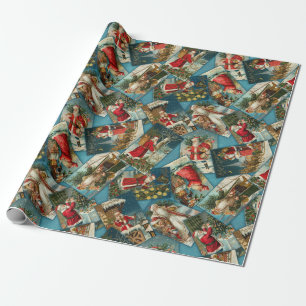 Vintage Santa Scatter Blue Wrapping Paper