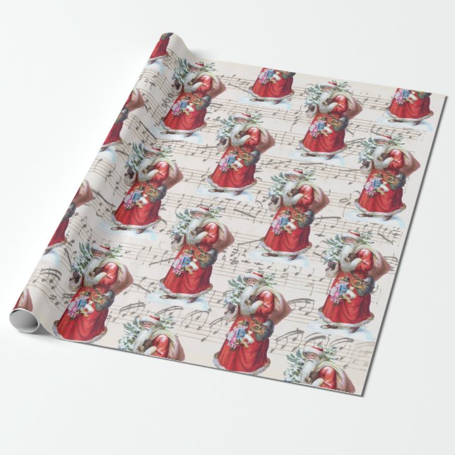 Vintage Santa Sheet Music Christmas Wrapping Paper (Unrolled)