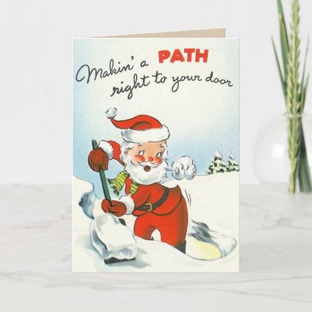 Vintage Santa Shoveling Snow Card (Front)