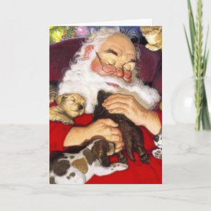 Vintage Santa Sleeping With Puppies Holiday Card