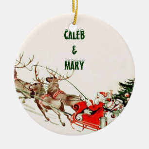 Vintage Santa Sleigh and Reindeer in Snow Ceramic Tree Decoration