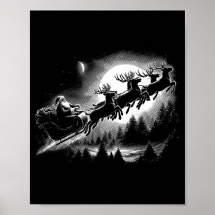 Vintage Santa Sleigh Flying Over Forest Christmas  Poster