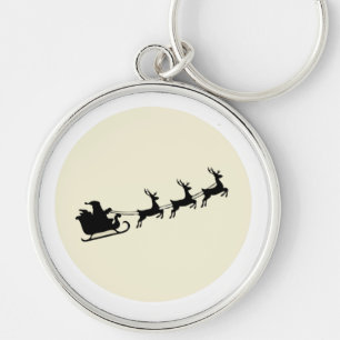 Vintage Santa Sleigh Reindeer Silhouette Full Moon Key Ring
